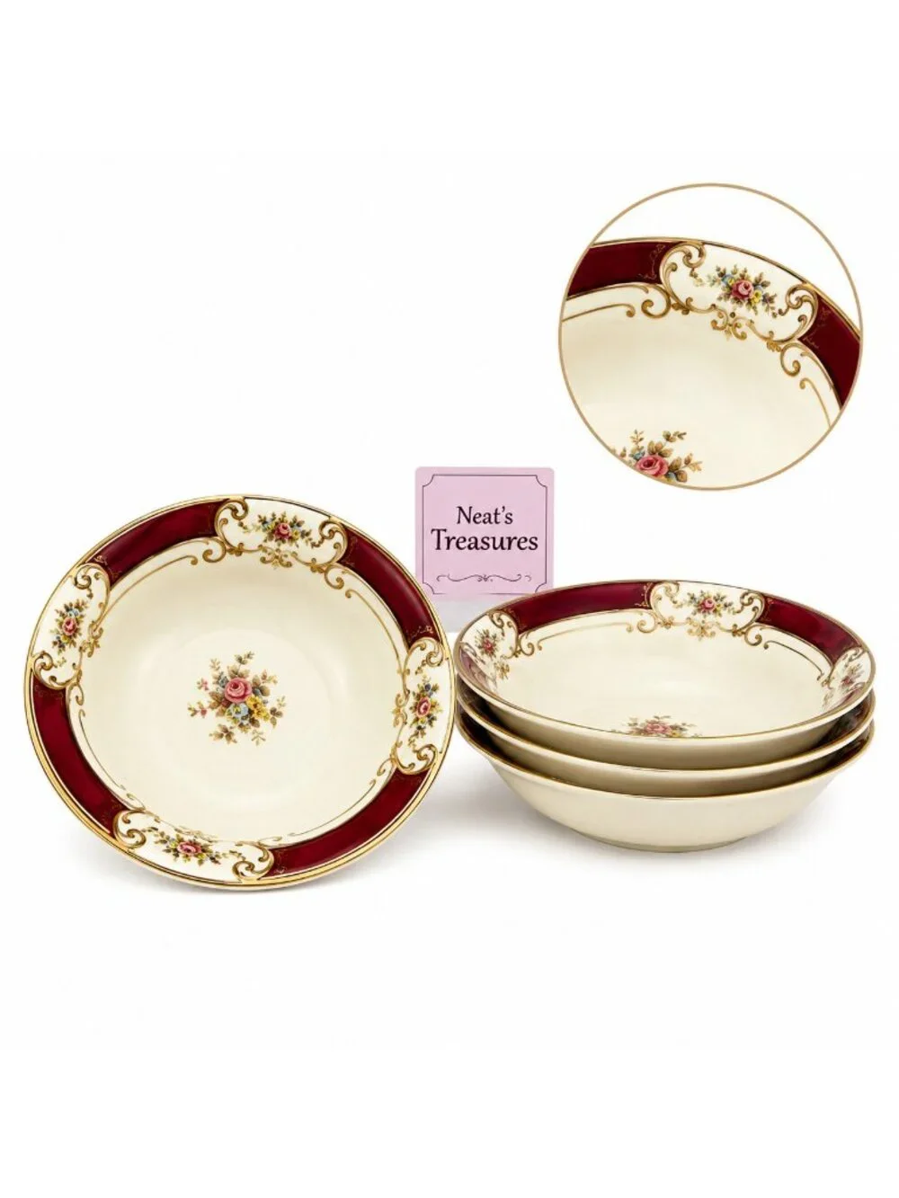 MCM Homer  Laughlin HL1060 Red Insets Pink Blue Yellow Flowers Soup Bowls Set 4